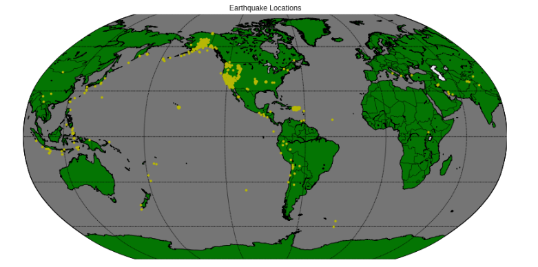 Earthquake locations map World map showing earthquake locations